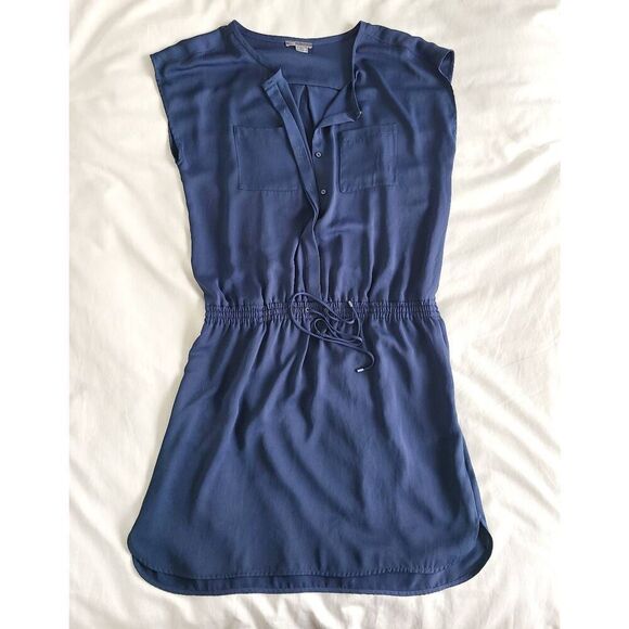 Vince Mini Shirt Dress Womens Large Blue Sleeveless Elastic Wasit 100% Polyester - Picture 2 of 8